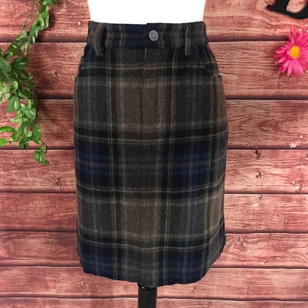 Eddie Bauer Skirt 8 Brown Blue Plaid Wool Preppy Pockets Casual Knee Career Slim